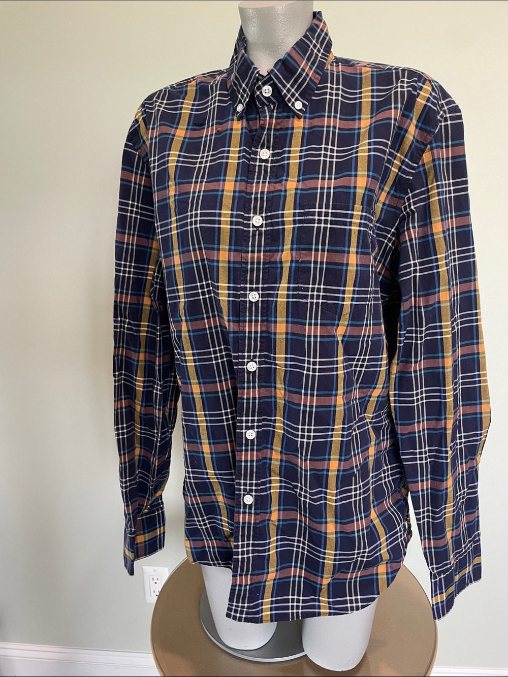 J. Crew Navy Plaid Button-Down Shirt with Yellow and Rust Stripes 100% cotton.